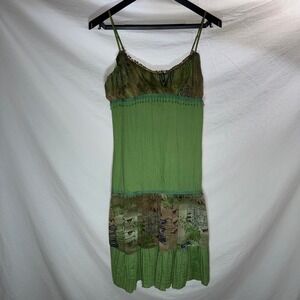 Rare‎ Y2K Vintage Green Beaded Sequin Boho Fairycore Tiered Midi Dress Sz L